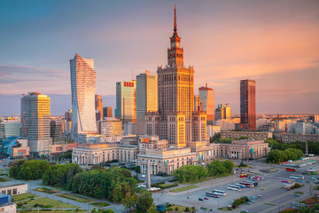 Warsaw, Poland. Aerial cityscape image of capital city of Poland, Warsaw during sunrise. 
