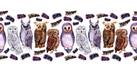 Akwarela bezszwowe granica z różnymi rodzajami sów