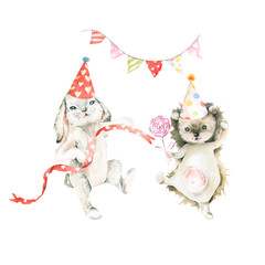 ładny tańczący króliczek i jeż z ciastem, wstążką, girlandą