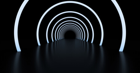 Abstract background, tunnel of glowing arcs. 3D render.
