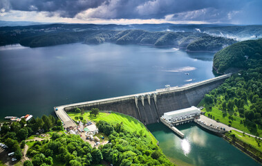 The Solina Dam aerial view, largest dam in Poland located on lake Solina. Hydroelectric power plant in Solina of Lesko County in the Bieszczady Mountains area of south-eastern Poland.