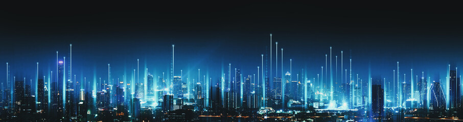 Smart Network and Connection city of Bangkok Thailand at night