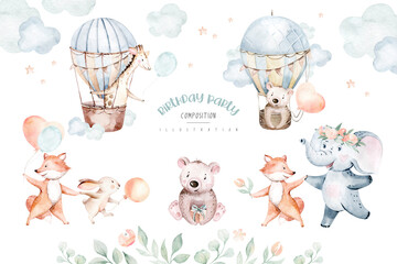  słoń króliczek, krokodyl, niedźwiedź żyrafa królik ilustracja na białym tle dla dzieci