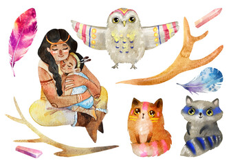 Akwarela zestaw ilustracji boho. Zwierzęta, ludzie, kryształy, pióra