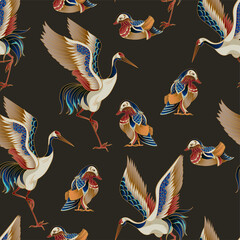 Seamless pattern with mandarin ducks and cranes. Vector.