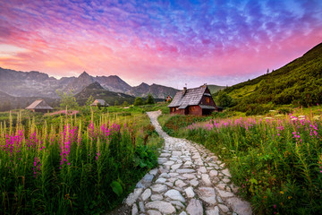 Beautiful summer sunrise in the mountains - Hala Gasienicowa in Poland - Tatras