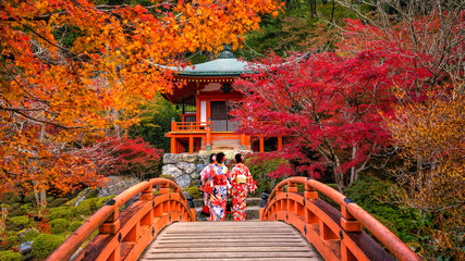 Young women wearing traditional Japanese Yukata at Daigo-ji temple