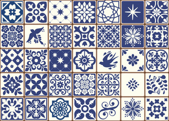 Blue Portuguese tiles pattern - Azulejos vector, fashion interior design tiles 