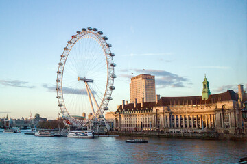 London England along Thames river at sunset