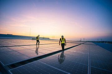 Engineer service check installation solar cell on the roof of factory on the morning.