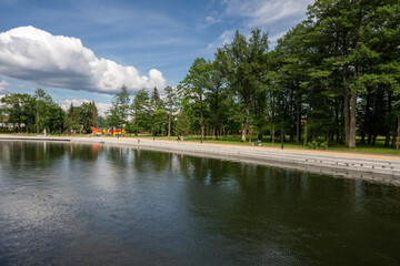 Promenade on city waterfront in Piła, Mazury Lake District, Poland