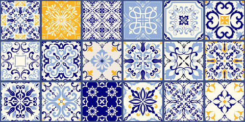 Collection of 18 ceramic tiles in turkish style. Seamless colorful patchwork from Azulejo tiles. Portuguese and Spain decor. Islam, Arabic, Indian, Ottoman motif. Vector Hand drawn background
