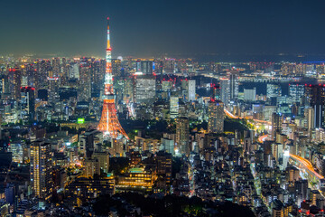 Cityscape of Tokyo skyline, panorama aerial skyscrapers view of office building and downtown in Tokyo in the evening. Japan, Asia...