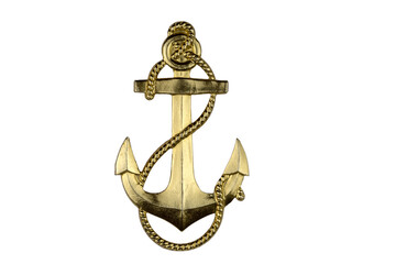 Metal, gold anchor isolated on a white background.