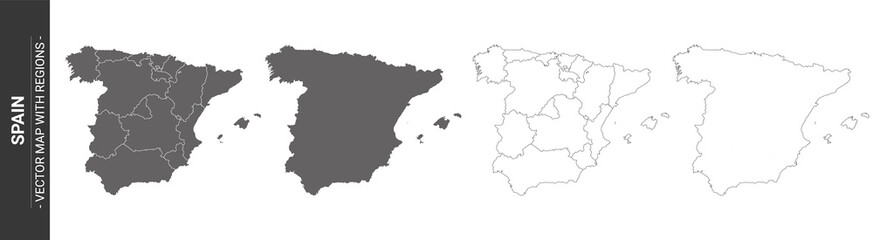 set of 4 political maps of Spain with regions isolated on white background