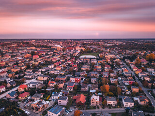 Aerial panorama of Leszno at sunset