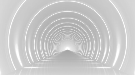 White round tunnel podium abstract background. Light reflection stage. 3d render.