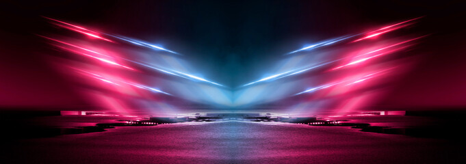 Neonowy futurystyczny krajobraz nocnej ulicy z neonowym światłem odbijającym się w wodzie.