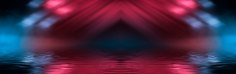 Neon futuristic landscape of a night street with neon light reflected in the water. Wet street, red and blue neon lights. Urban neon abstraction. Dark street wet asphalt reflections of rays.