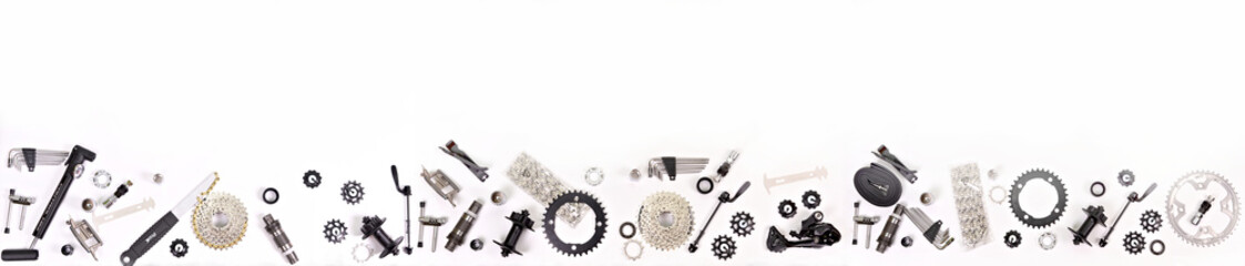 Bicycle parts on a white background.