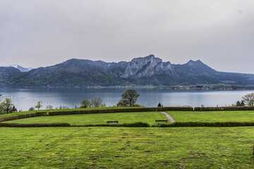 Picturesque mountain range and lake in the Austrian Alps.