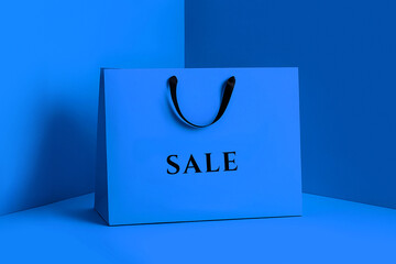 Wyprzedaż promocja napis na torbie zakupowej na kolorowym tle.