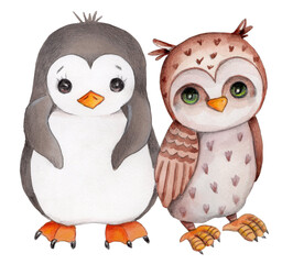  Kreskówka mały pingwin sowa, ręcznie rysowane akwarela