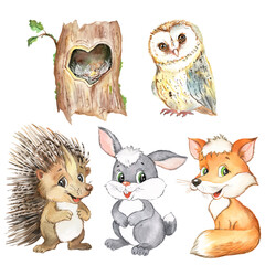 Akwarela ilustracja zestaw ze zwierzętami leśnymi, zwierzęta z kreskówek, ilustracja dla dzieci