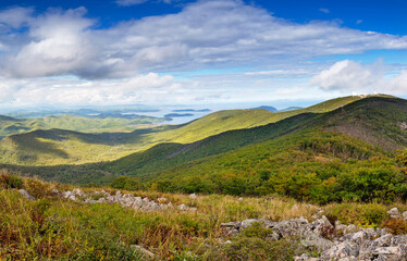 Russia. Far East. Seaside. Sea of Japan. The area of the village called Olga. Beautiful view from the mountain to the bay named after Vladimir