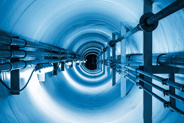 Confined space inside underground tunnel. Construction from engineering technology for infrastructure i.e. power line or cable, steel pipe in perspective view. To transport water, gas and electricity.