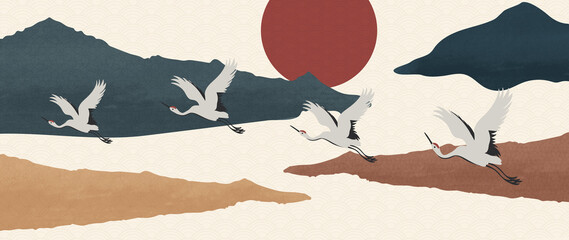 Luksusowy złoty styl orientalny tło wektor. Tapeta krajobraz górski. Japońska, chińska orientalna grafika liniowa o złotej fakturze, łabędź i słońce. 