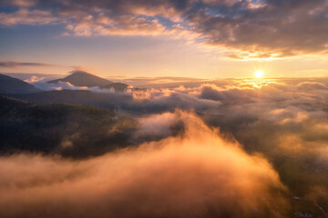 Mountains in clouds at sunrise in summer. Aerial view of mountain peak in fog. Beautiful landscape with high rocks, forest, sky. Top view from drone of mountain valley in low clouds. Foggy hills