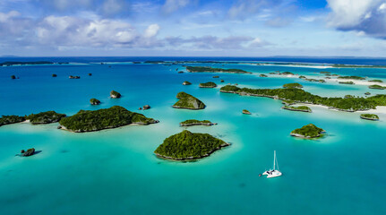 A spectacular drone image over Falaga Island in the lower Lau Group, Fiji showing a catamaran peacefully at anchor.