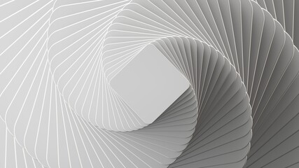 3d render, abstract white geometric background, minimal flat lay, twisted deck of square blank cards with rounded corners