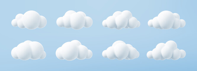 White 3d clouds set isolated on a blue background. Render soft round cartoon fluffy clouds icon in the blue sky. 3d geometric shapes vector illustration