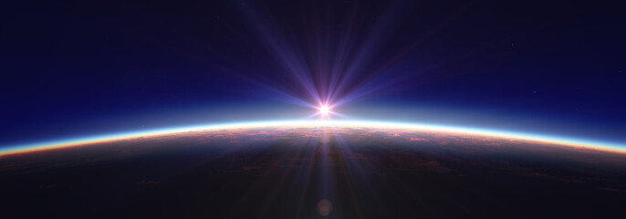 Earth sunrise from space over cloudy ocean. 3d rendering