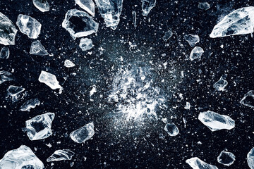 Ice, crushed on black background. Shards of crushed ice spreading away. The explosion of ice.