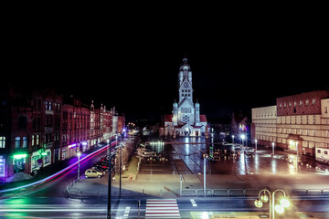 Ruda śląska Nowy Bytom widok na rynek, Kościół i Urząd miasta nocą 