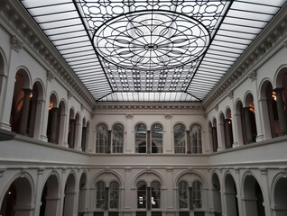 Wroclaw, Poland : Wroclaw national museum ,interior view of the white neoclassical atrium designer ceiling and arcade galleries inside the Wroclaw National Museum, Europe