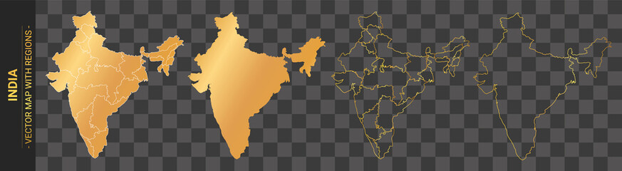 set of 4 gold political maps of India with regions isolated on transparent background 