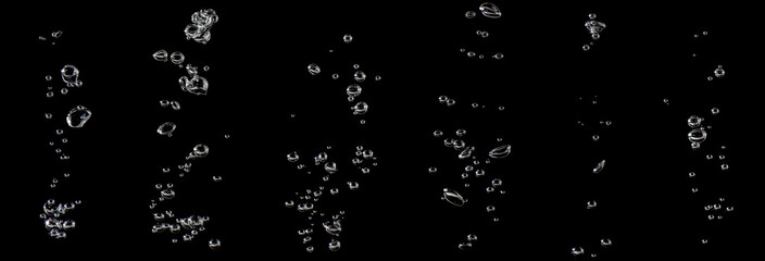 set water bubble white oxygen air, in underwater clear liquid with bubbles flowing up on the water surface, isolated on a black background