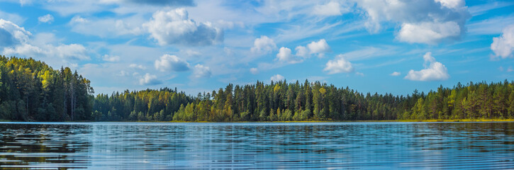 Panoramic view of beautiful forest lake in Russia.