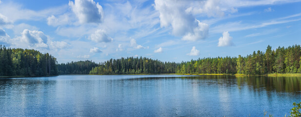 Panoramic view of beautiful forest lake in Russia.