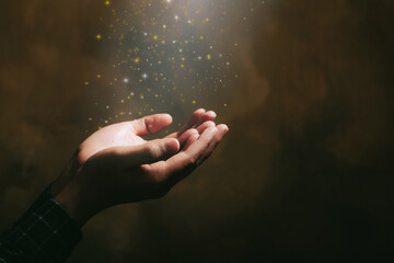 Human hands open palm up worship with faith in religion and belief in God on blessing background.Christian Religion concept background.