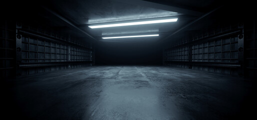 Dark Concrete Led White Lights Underground Tunnel Corridor Cement Asphalt Hallway Warehouse Tunnel Corridor Metal Structure Realistic Empty 3D Rendering