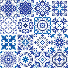 Portuguese and Spanish azulejo tiles seamless vector pattern collection in navy blue and white, traditional floral design set inspired by tile art from Portugal and Spain 