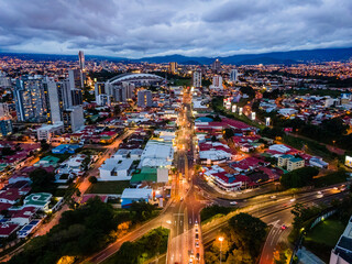 Beautiful aerial view of the city of San Jose Costa Rica At Night with lots of lights 