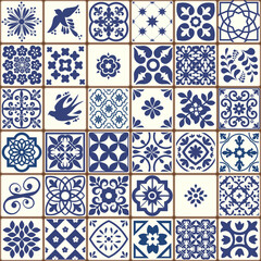 Blue Portuguese tiles pattern - Azulejos vector, fashion interior design tiles 