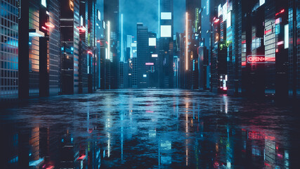 3D Rendering of billboards and advertisement signs at modern buildings in capital city with light reflection from puddles on street. Concept for night life, never sleep business district center (CBD)