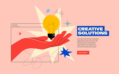 Creative solutions or ideas web banner design or landing page template for creative agency with hand comes out of the screen with light bulb and colorful abstract geometric shapes. Vector illustration